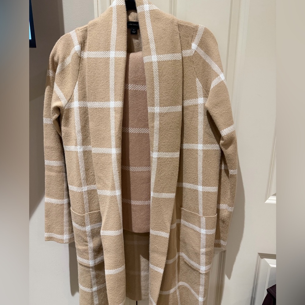 Ann Taylor Tan and Cream Plaid Cardigan